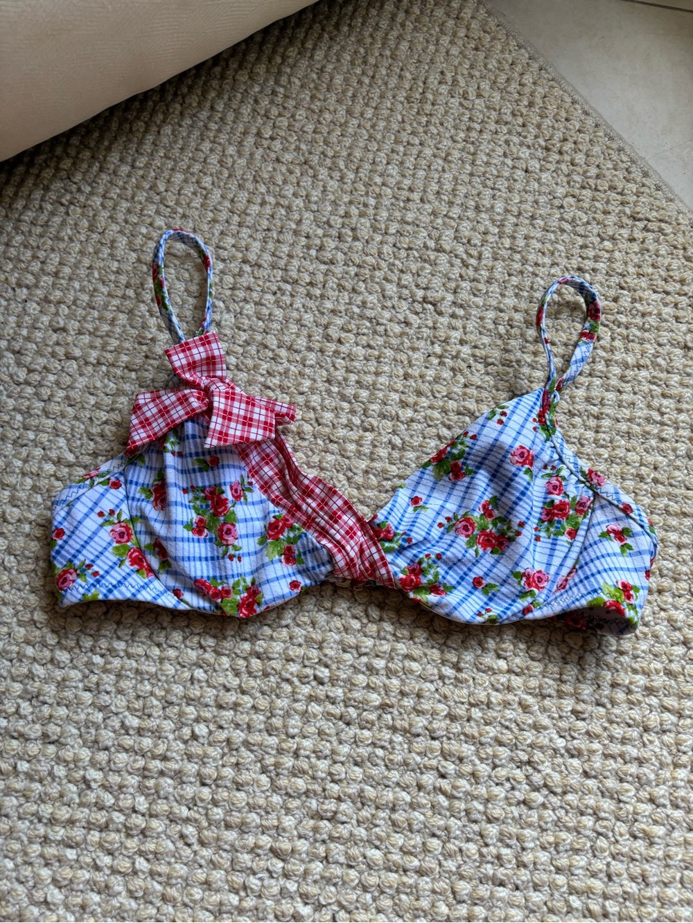 Betsey Johnson Blue Red Plaid Floral Bikini Top